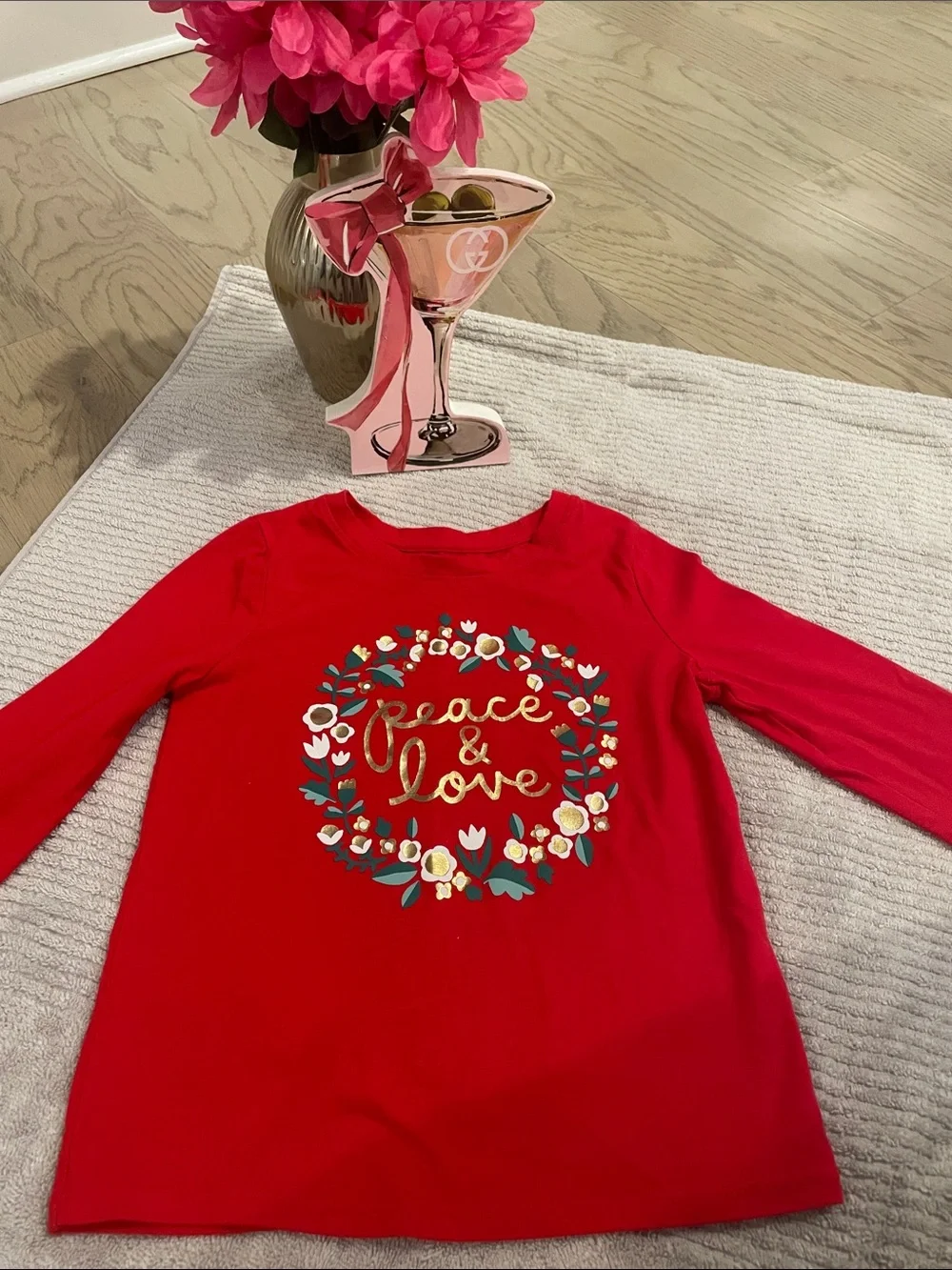 Cat & Jack Red Long-Sleeve Top with Floral 'Peace & Love' Gold Script